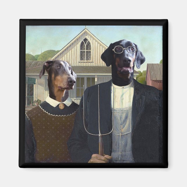 American Gothic funny Doberman dog magnet (Front)