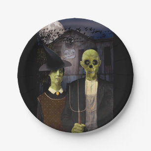 American Gothic Halloween Haunted House Paper Plate