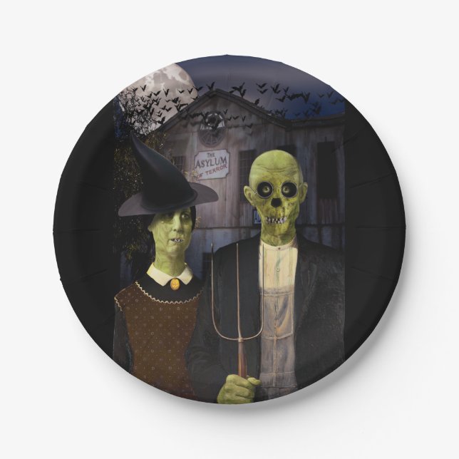 American Gothic Halloween Haunted House Paper Plate (Front)