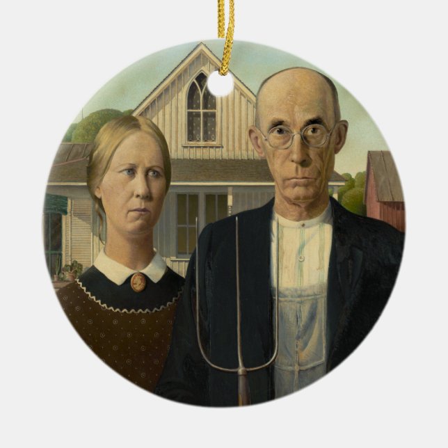 American Gothic Painting Ceramic Tree Decoration (Front)