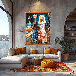 American Gothic Reimagined: Whimsical Abstract Art Hanging Tapestry