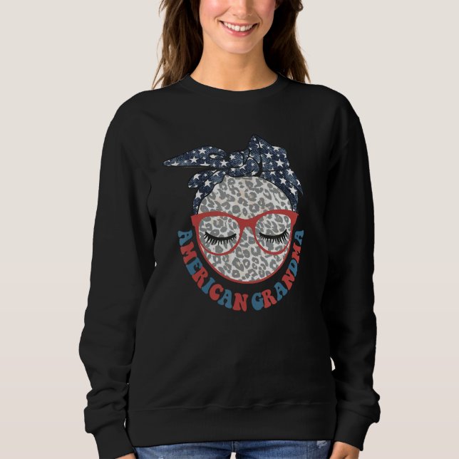 American Grandma 4th Of July Leopard Messy Bun Pat Sweatshirt (Front)