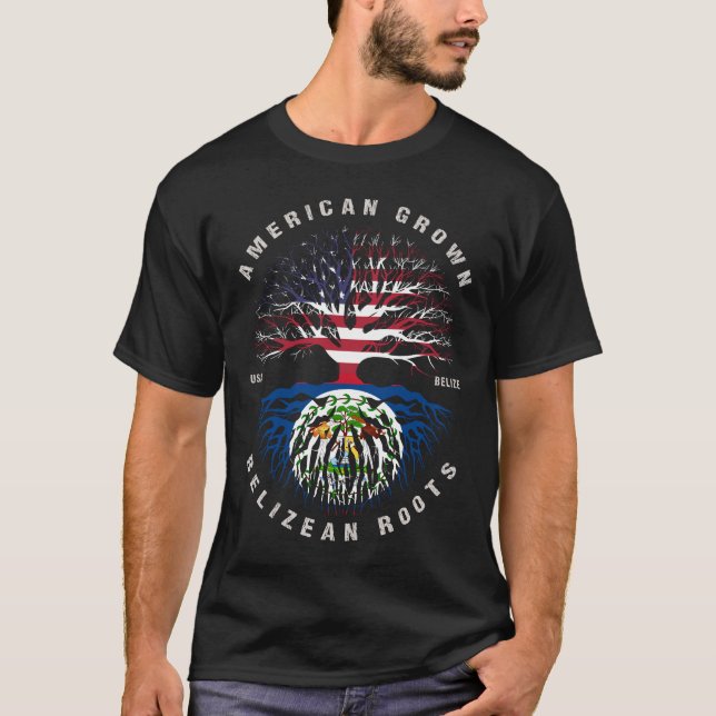 American Grown Belizean Roots Belise Flag T-Shirt (Front)