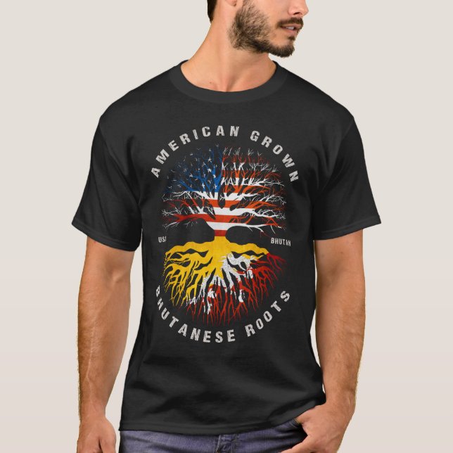 American Grown Bhutanese Roots Bhutan Flag T-Shirt (Front)