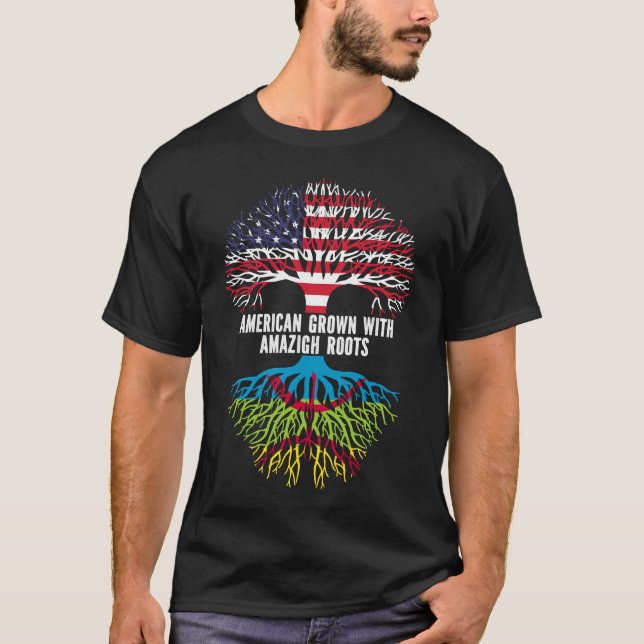 American Grown with Amazigh Roots USA Flag T-Shirt (Front)