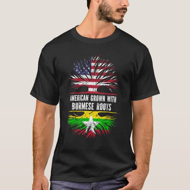 American Grown With Burmese Roots Usa Flag Myanmar T-Shirt (Front)