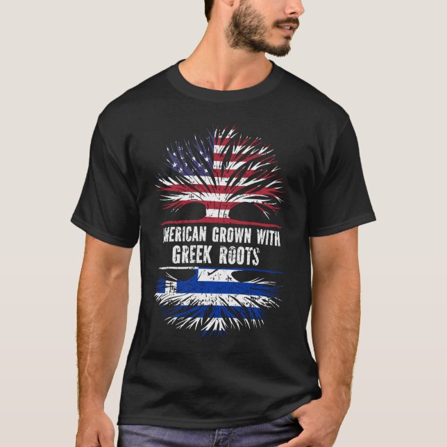 American Grown with Greek Roots USA Flag T-Shirt (Front)
