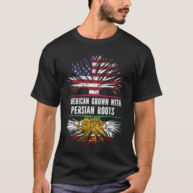American Grown with Persian Roots USA Flag T-Shirt (Front)