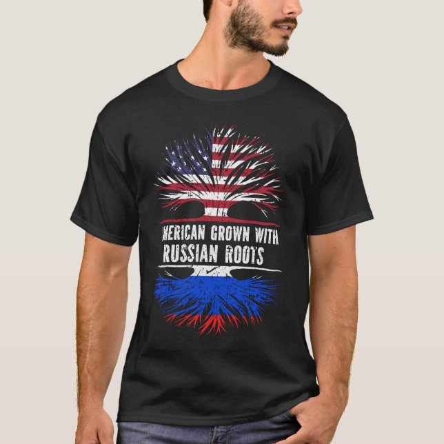 American Grown with Russian Roots USA Flag T-Shirt (Front)