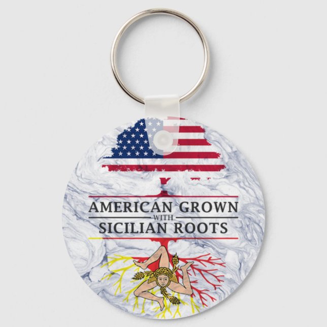 American Grown with Sicilian Roots Marble Style Key Ring (Front)
