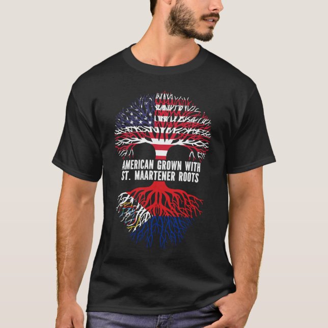 American Grown with St. Maartener Roots USA Flag T-Shirt (Front)