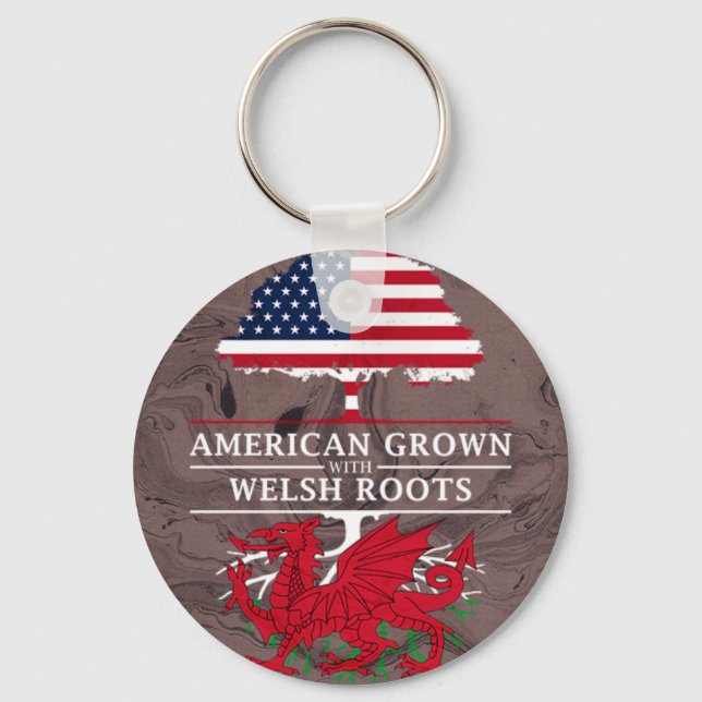 American Grown with Welsh Roots Marble Style Key Ring (Front)