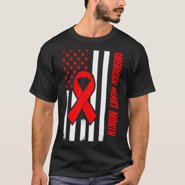 American Heart Disease Awareness Month Ribbon Red  T-Shirt (Front)