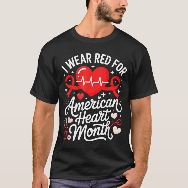 American Heart Disease Awareness Month Ribbon Red  T-Shirt (Front)