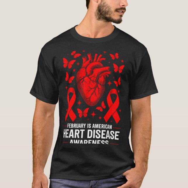 American Heart Disease Awareness Month Ribbon Red  T-Shirt (Front)