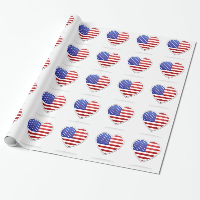 American Heart Flag Gift Wrap Wrapping Paper (Unrolled)