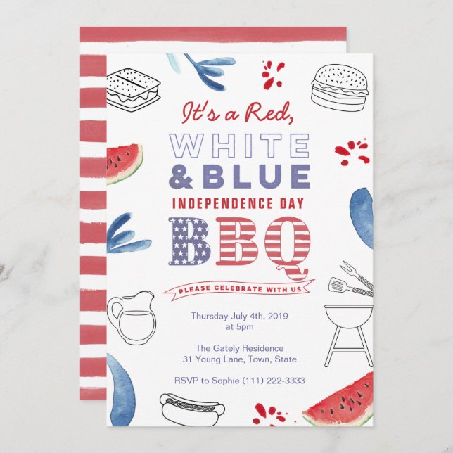 American Holidays BBQ Party Red White Blue Invitation (Front/Back)