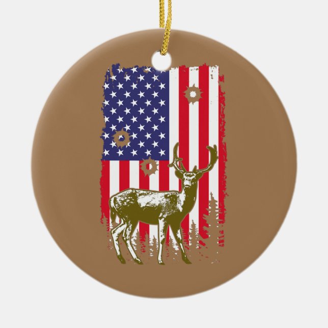 American Hunter Hunting USA Flag Patriotic Deer Ceramic Ornament (Front)