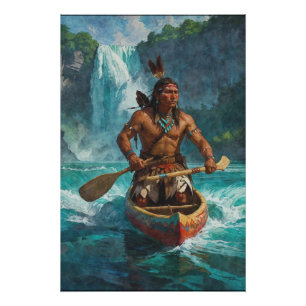 American Indian, Canoe and Waterfall Poster