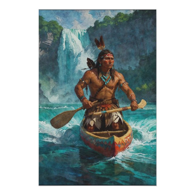 American Indian, Canoe and Waterfall Poster (Front)