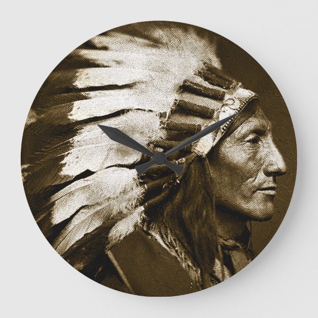 American Indian Chief (Sepia) Large Clock (Front)