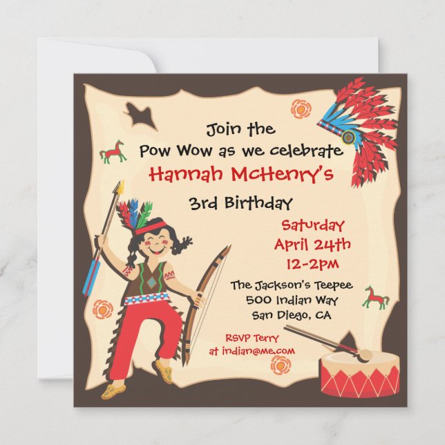 American Indian Girl Birthday Party Invitation (Front)