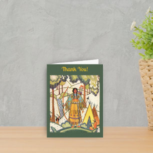 American Indian Lady in Forest Tepee dark Green Thank You Card