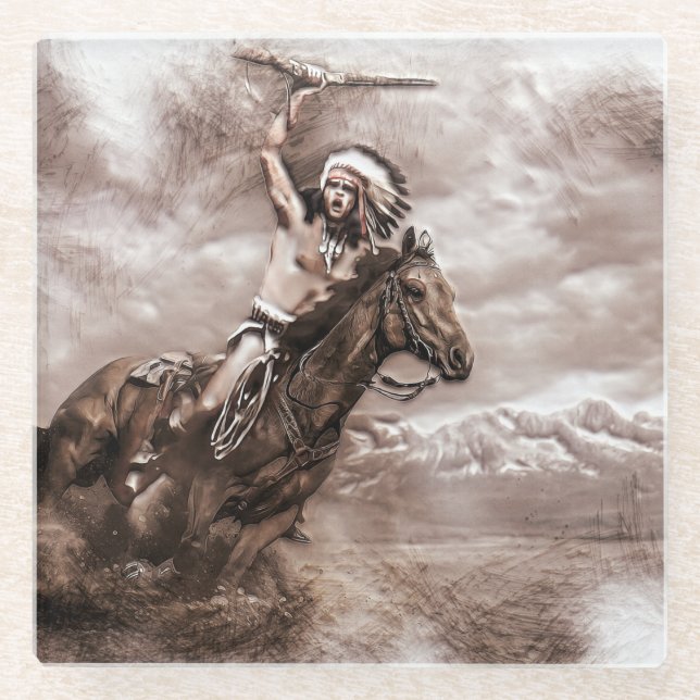 American Indian Riding Horse Glass Coaster (Front)