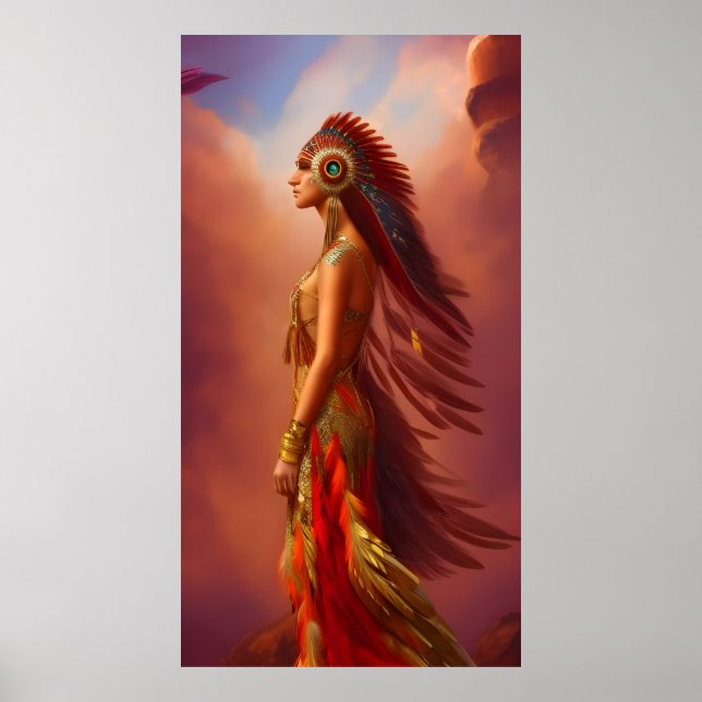 American Indian woman red gold dress feather 2 Poster (Front)