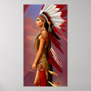 American Indian woman red white feathers gold Poster