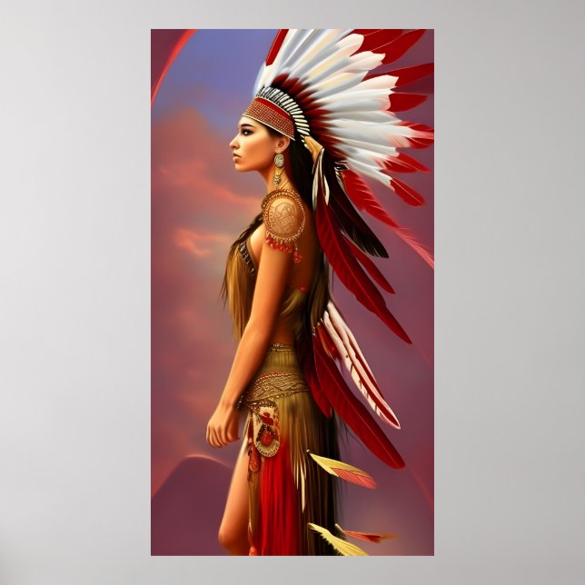 American Indian woman red white feathers gold Poster (Front)