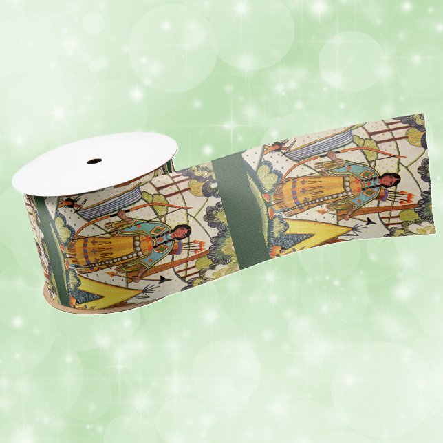 American Indian Woman Woods Tepee Embroidery Satin Ribbon (American Indian woman embroidery texture in woods by tepee on dark green craft or gift wrap ribbon.)