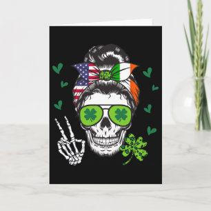 American Irish Flag Skull Messy Bun Women St Patri Card