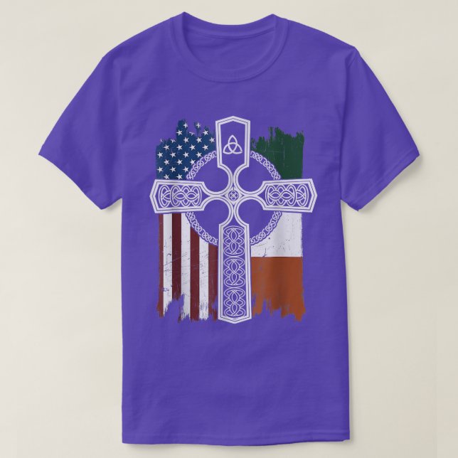 American Irish Flag With Celtic Cross St Patricks  T-Shirt (Design Front)