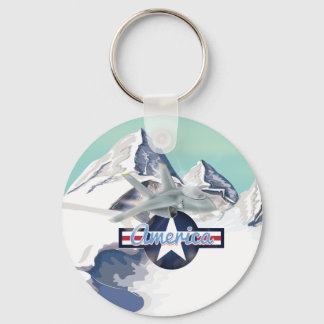 American Jet Plane Flying over Rocky Mountains Key Ring