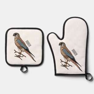 American kestrel bird cartoon illustration oven mitt & pot holder set