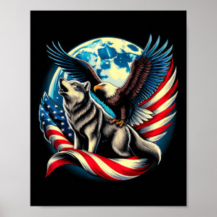 American Ld Eagle And Wolf Usa Flag 4th Of July  Poster