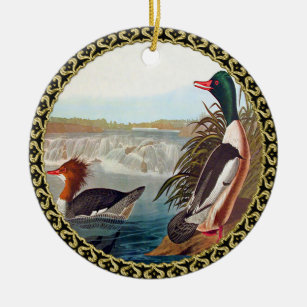 American mallard ducks in a river swimming ceramic tree decoration