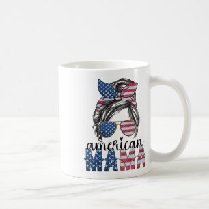 American Mama 4th Of July Messy Bun Usa Flag Ameri Coffee Mug