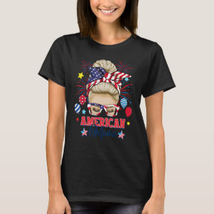 American Mama 4th Of July Messy Bun USA Flag Women T-Shirt