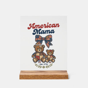American Mama Patriotic Bear Patchwork Vector Desi Acrylic Sign