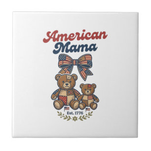 American Mama Patriotic Bear Patchwork Vector Desi Ceramic Tile