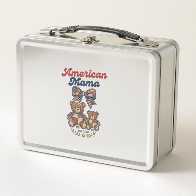 American Mama Patriotic Bear Patchwork Vector Desi Metal Lunch Box (Front)