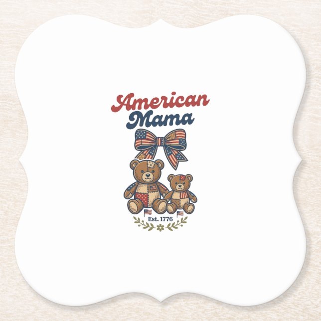 American Mama Patriotic Bear Patchwork Vector Desi Paper Coaster (Front)