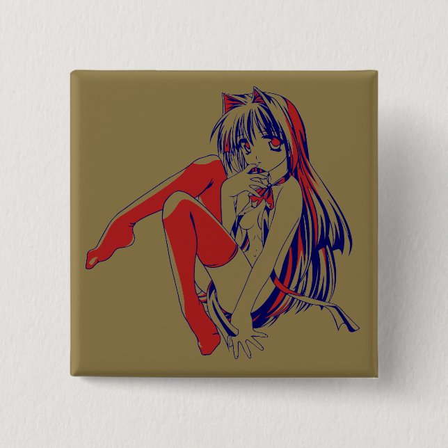 American Manga Neko Catgirl Kawaii Anime 15 Cm Square Badge (Front)