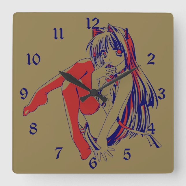 American Manga Neko Catgirl Kawaii Anime Square Wall Clock (Front)