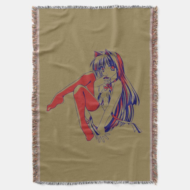 American Manga Neko Catgirl Kawaii Anime Throw Blanket (Front Vertical)