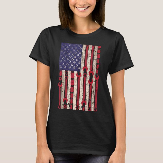American Mechanic Flag 4th Of July Patriotic Handy T-Shirt (Front)