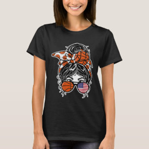 American Messy Bun Hair Girl Usa Flag Sketll Fans T-Shirt