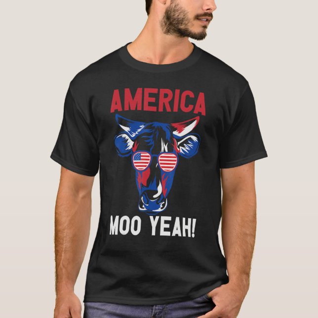American Moo Yeah American Cow Flag Happy Memorial T-Shirt (Front)